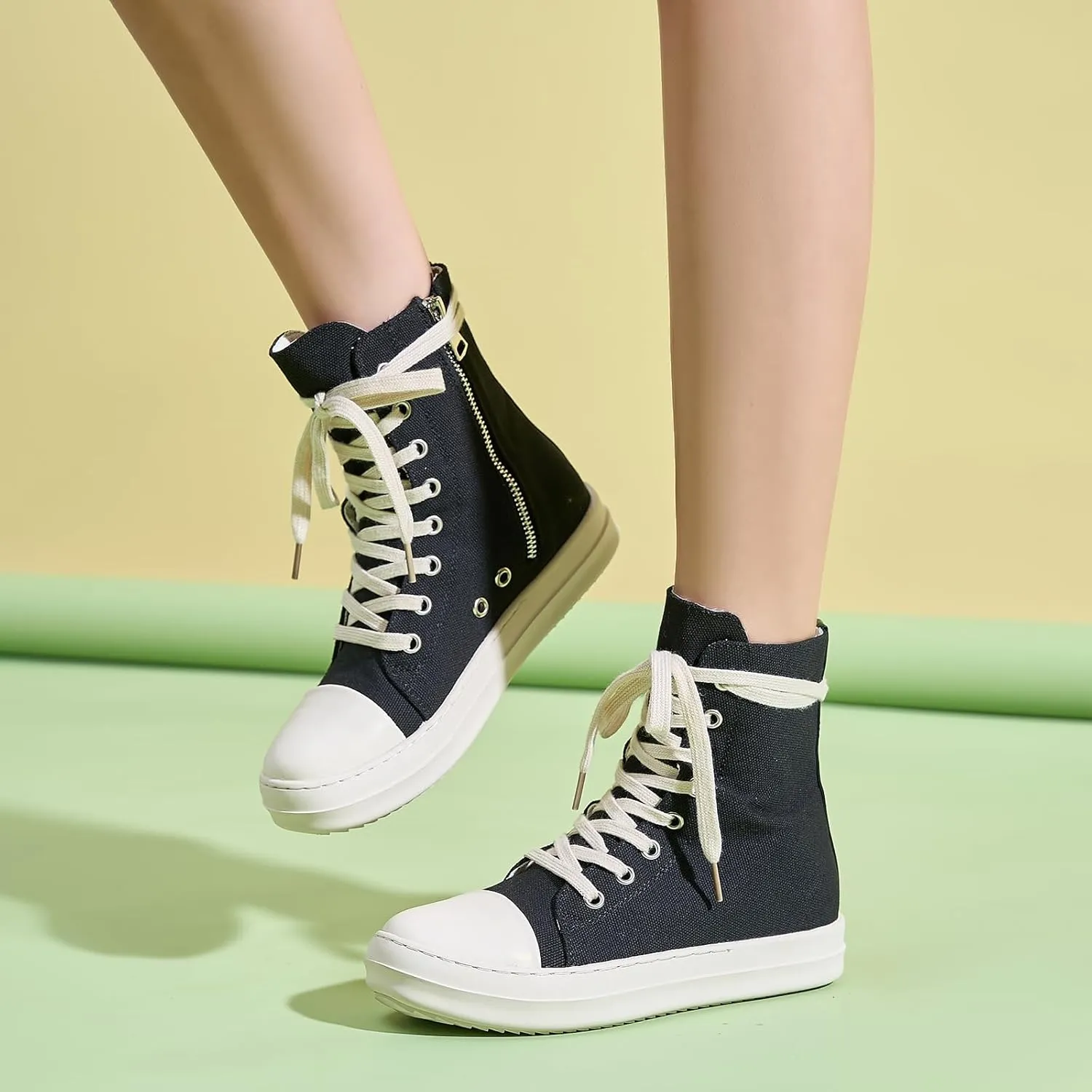 Kluolandi Women's High Top Sneakers Lace Up Canvas Shoes with Zipper Comfort Platform Walking Shoes in Black and White