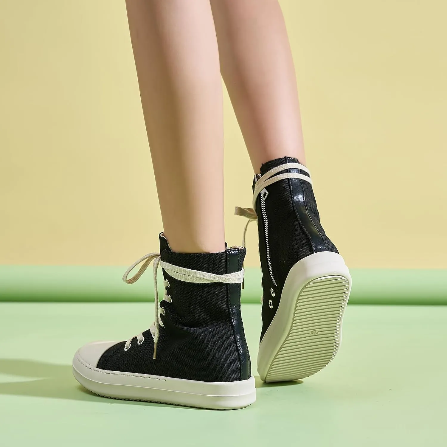 Kluolandi Women's High Top Sneakers Lace Up Canvas Shoes with Zipper Comfort Platform Walking Shoes in Black and White