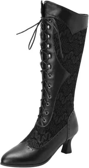 Knee High Combat Boots Womens Lace Up High Heel Leather Boots Lace Splicing Cowboy Riding Boots