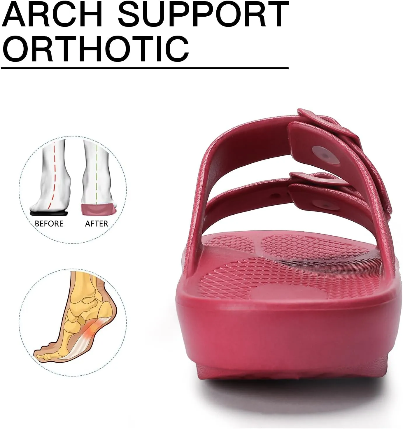 Kricely Women and Men Wide Width Recovery Sandals Plantar Fasciitis Arch Support Orthotic Slides Adjustable Double Buckle Thick Sole Slippers Reduces Stress on Feet Joints & Back Post-Exercise