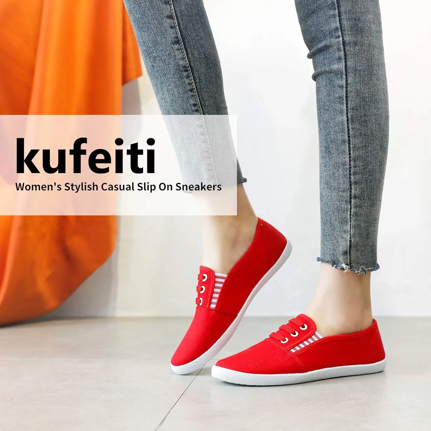kufeiti Women's Canvas Slip On Shoes Sneakers for Women Fashion Comfortable White Black Elastic Sneakers for Women