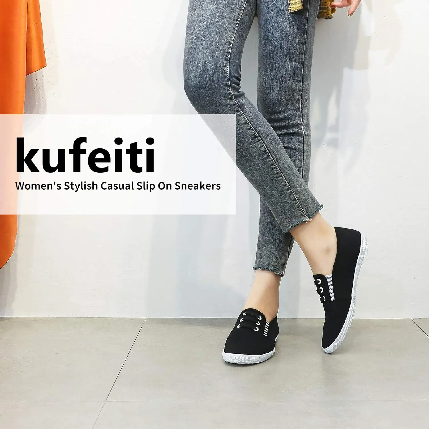 kufeiti Women's Canvas Slip On Shoes Sneakers for Women Fashion Comfortable White Black Elastic Sneakers for Women