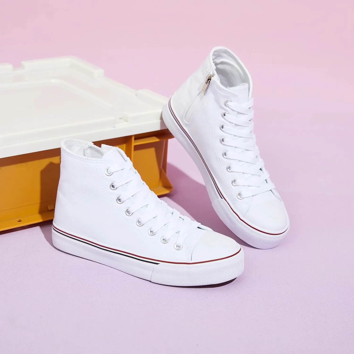 kufeiti Women's High Top Canvas Sneakers Canvas Shoes Lace up White Black Sneakers Casual Walking Shoes