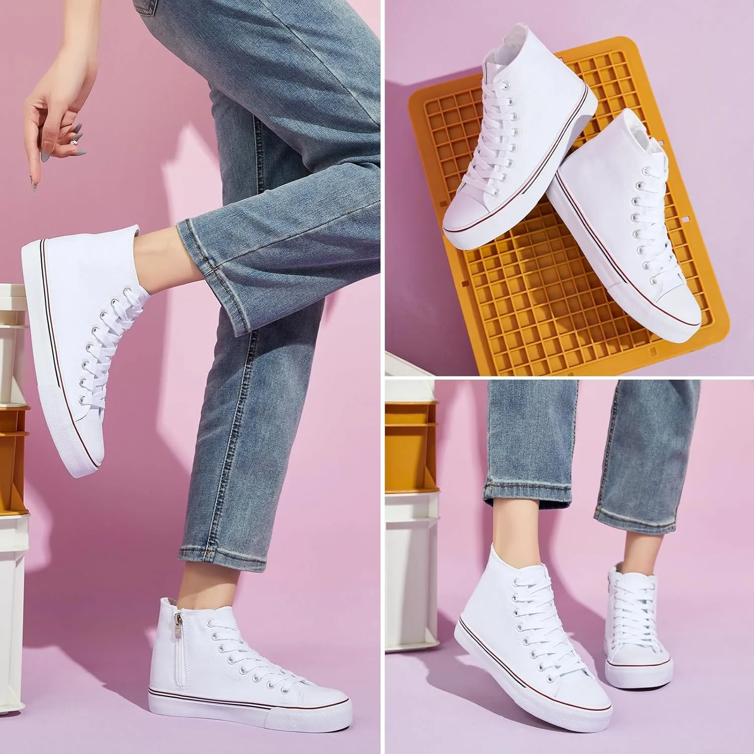 kufeiti Women's High Top Canvas Sneakers Canvas Shoes Lace up White Black Sneakers Casual Walking Shoes