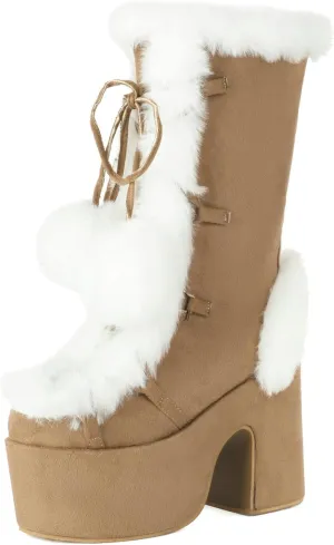 KysBloes Women Fluffy Faux Fur Boots Mid Calf Platform Boots Chunky High Heel Lace Up Winter Boots Warm Long Fur Boots for Ladies