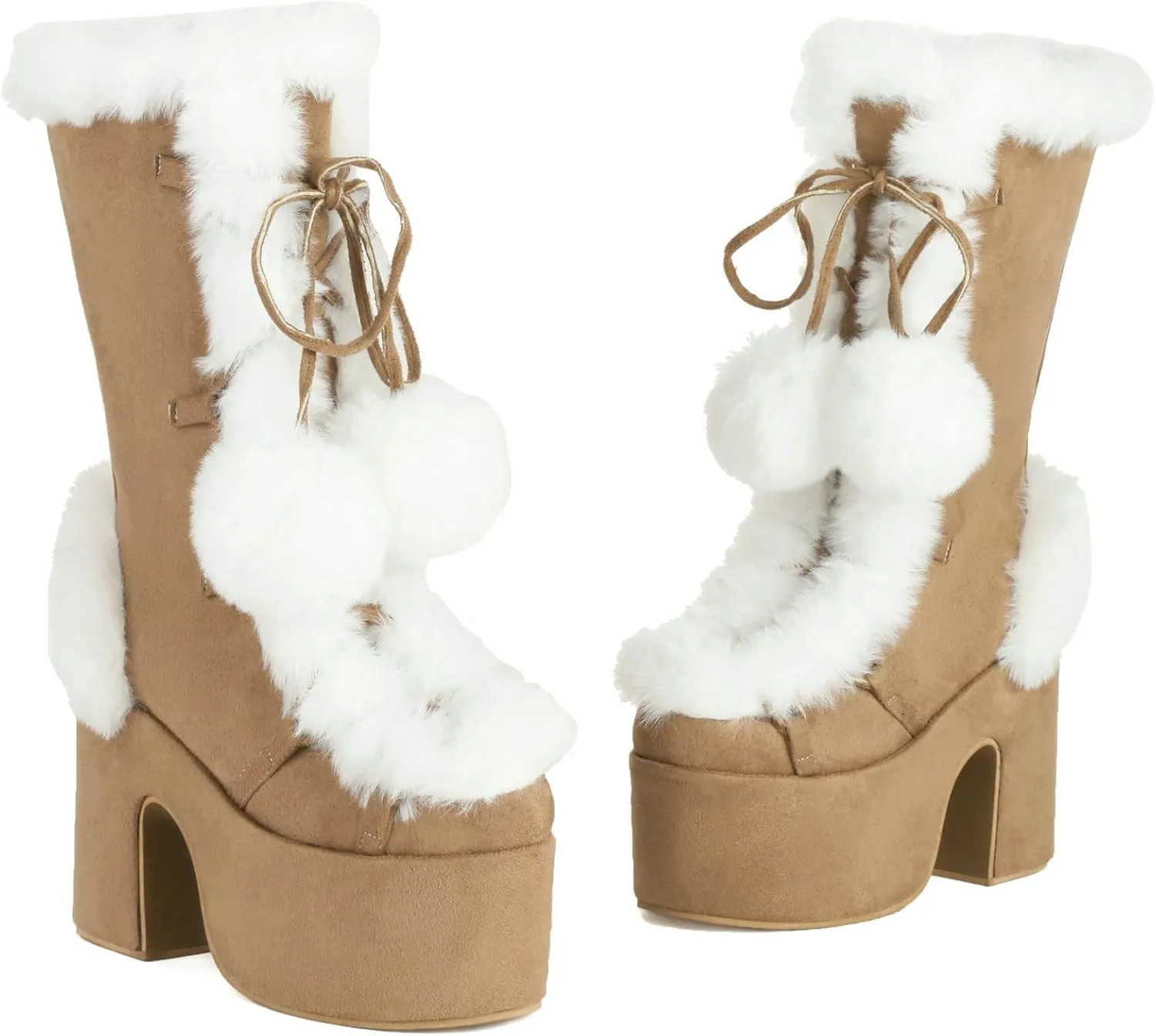 KysBloes Women Fluffy Faux Fur Boots Mid Calf Platform Boots Chunky High Heel Lace Up Winter Boots Warm Long Fur Boots for Ladies