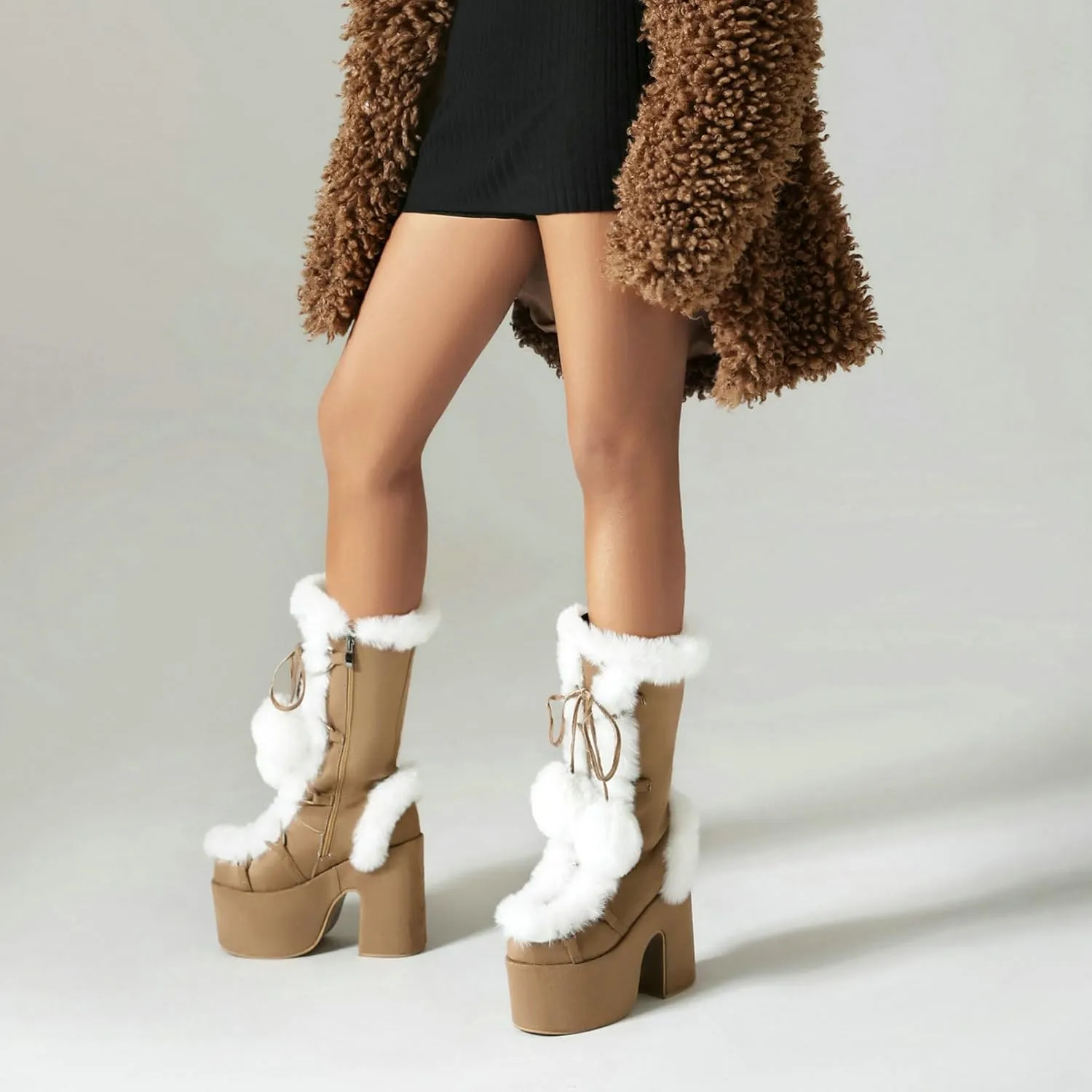 KysBloes Women Fluffy Faux Fur Boots Mid Calf Platform Boots Chunky High Heel Lace Up Winter Boots Warm Long Fur Boots for Ladies