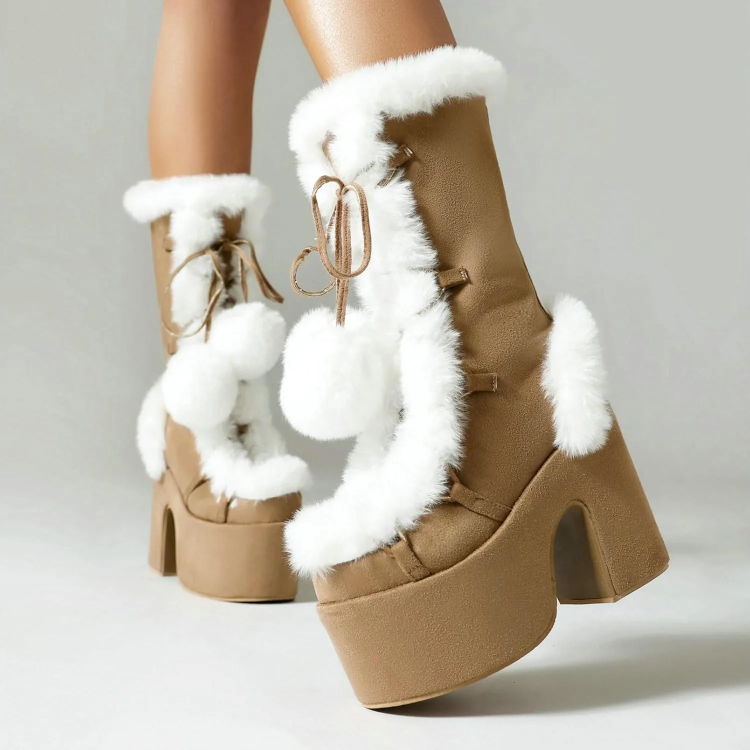 KysBloes Women Fluffy Faux Fur Boots Mid Calf Platform Boots Chunky High Heel Lace Up Winter Boots Warm Long Fur Boots for Ladies