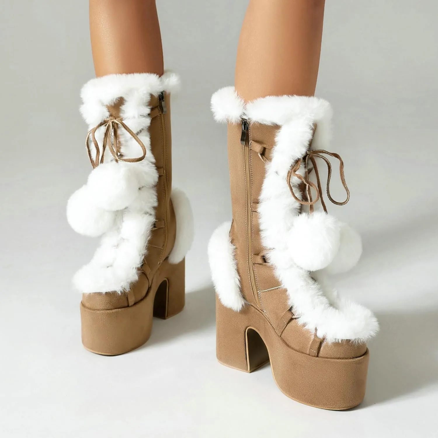 KysBloes Women Fluffy Faux Fur Boots Mid Calf Platform Boots Chunky High Heel Lace Up Winter Boots Warm Long Fur Boots for Ladies