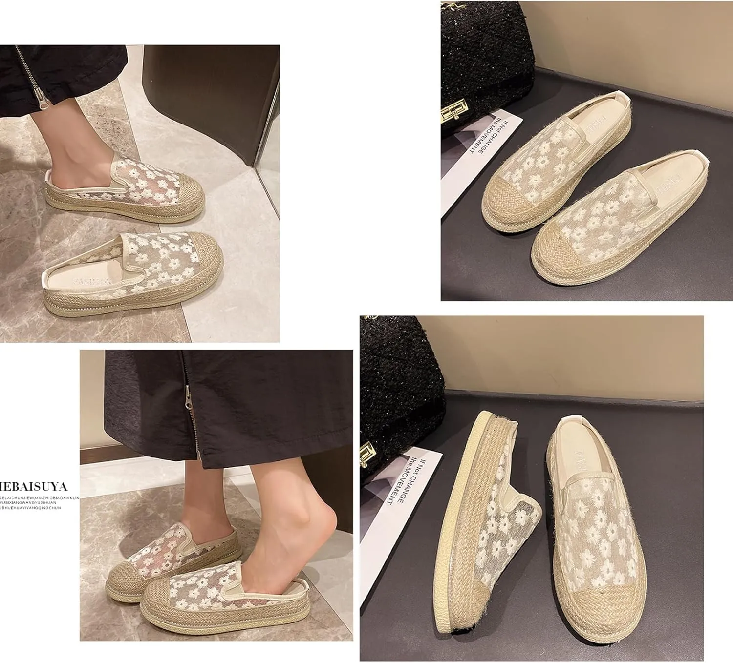 Ladies Lace Hemp Sole Platform Flat Captoe Mules Clogs，Fashionable Embroidery Slingback Half Slip-On Comfortable Loafers for Party Walking Work Causal