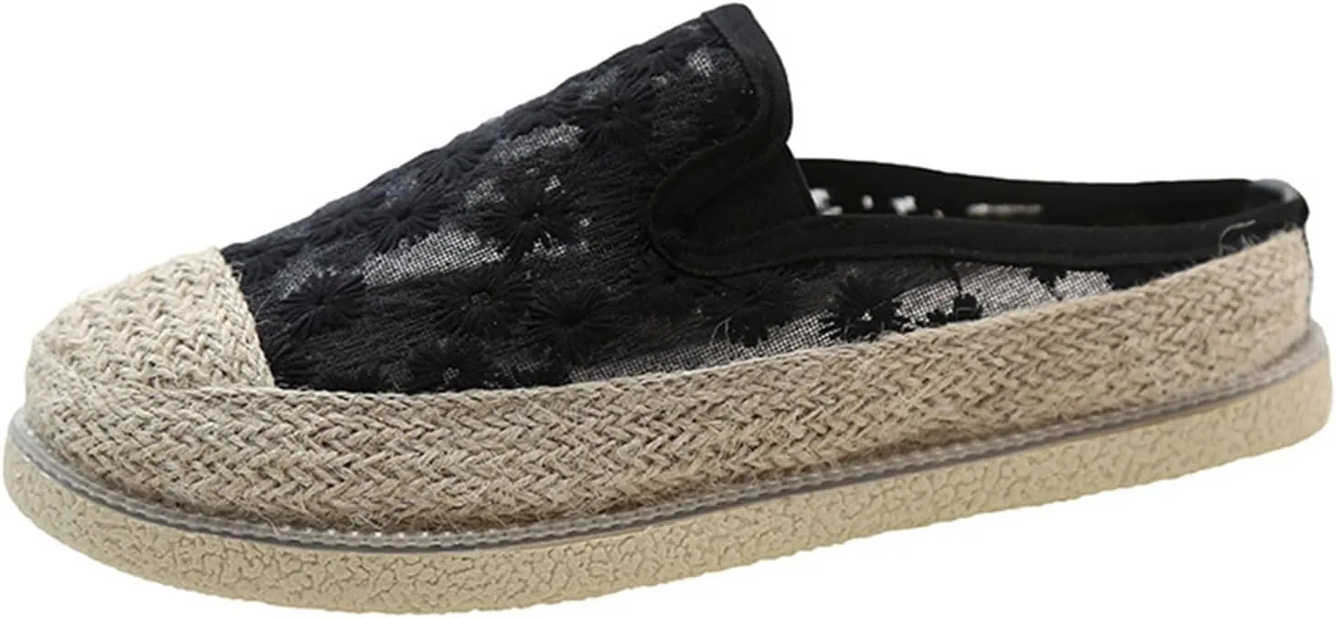 Ladies Lace Hemp Sole Platform Flat Captoe Mules Clogs，Fashionable Embroidery Slingback Half Slip-On Comfortable Loafers for Party Walking Work Causal