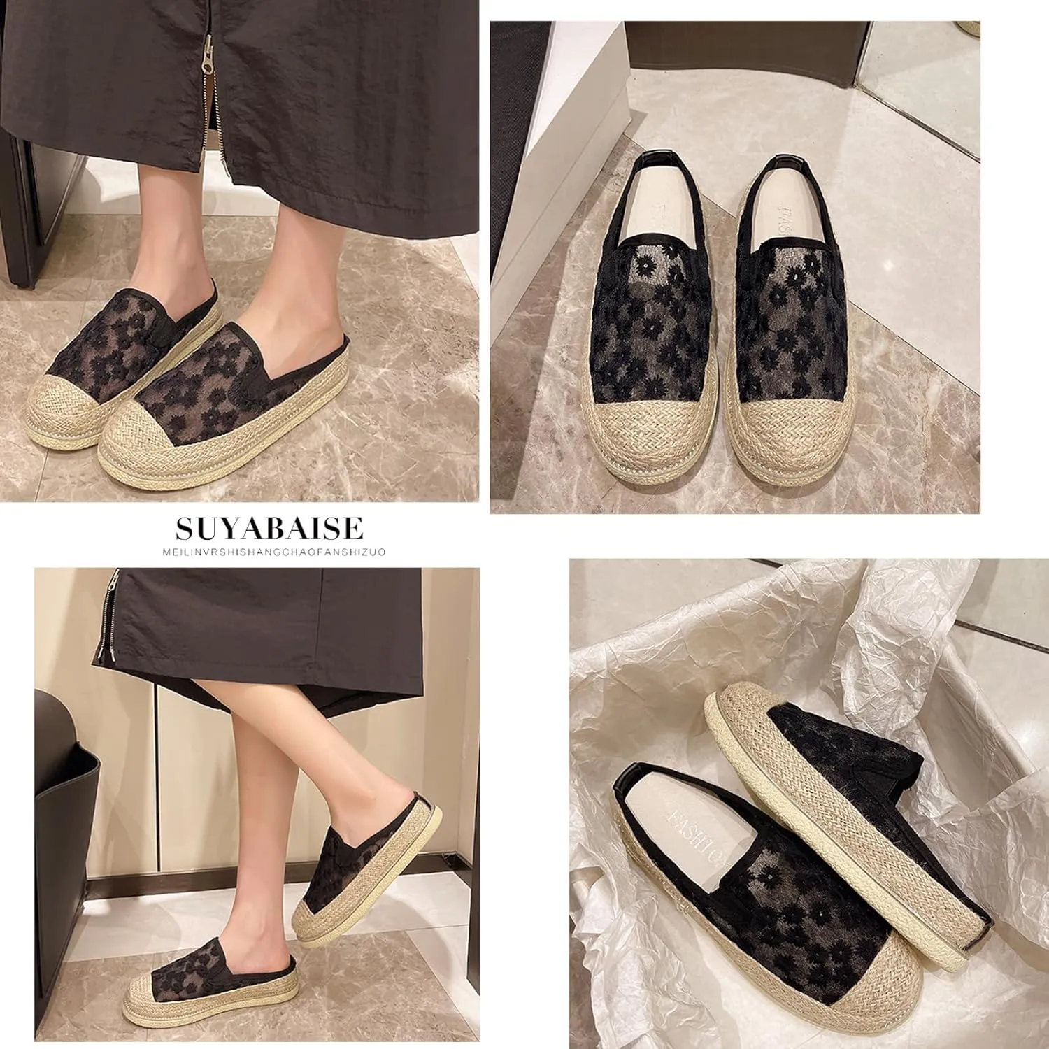Ladies Lace Hemp Sole Platform Flat Captoe Mules Clogs，Fashionable Embroidery Slingback Half Slip-On Comfortable Loafers for Party Walking Work Causal