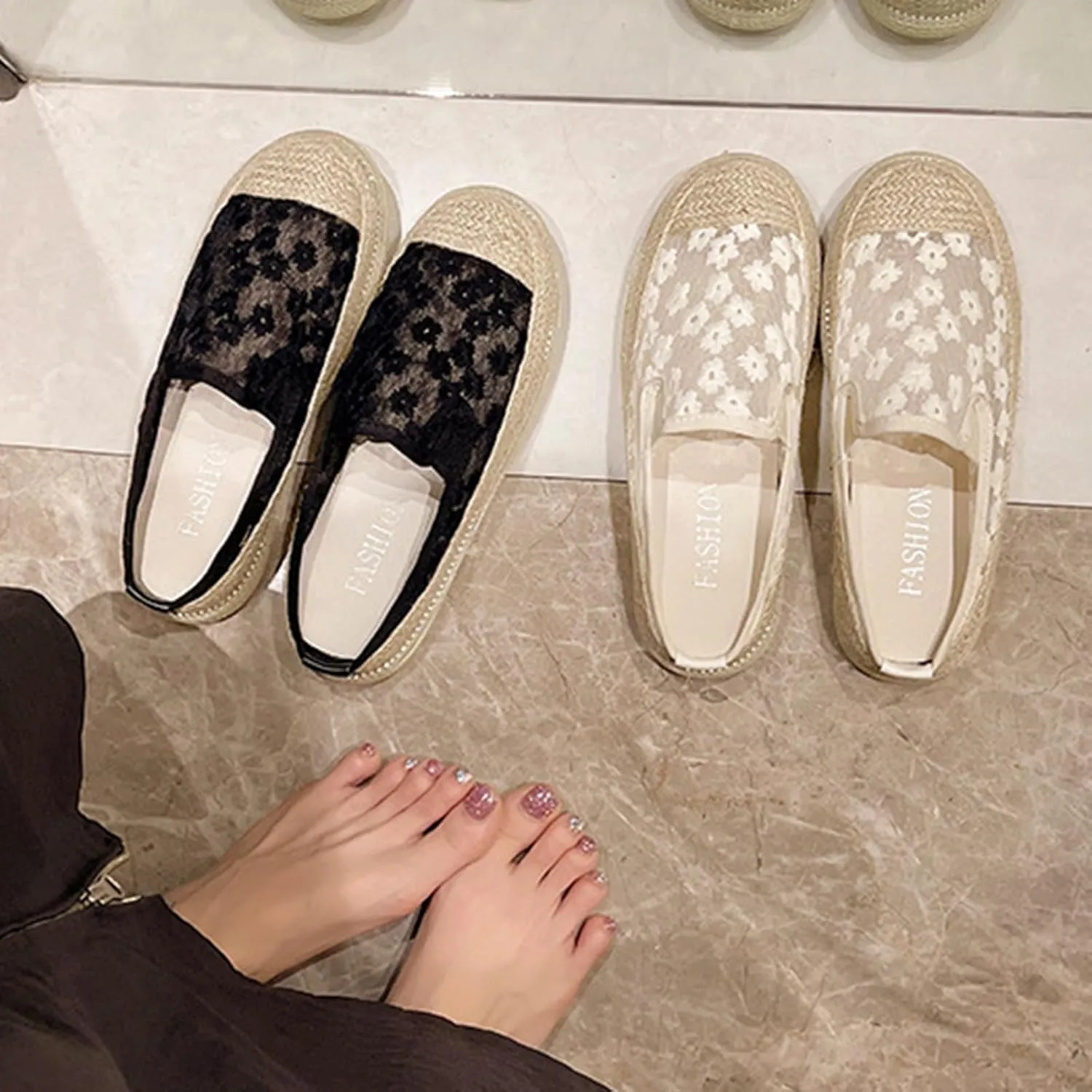 Ladies Lace Hemp Sole Platform Flat Captoe Mules Clogs，Fashionable Embroidery Slingback Half Slip-On Comfortable Loafers for Party Walking Work Causal