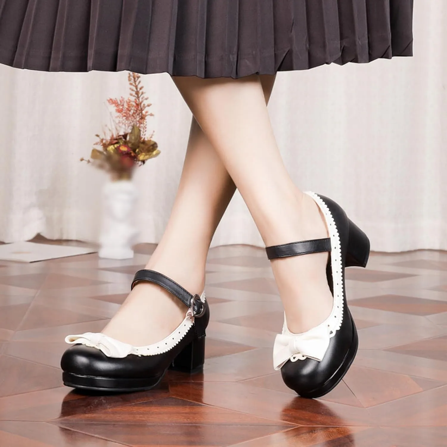 Ladies Retro Single Shoes Chunky Heel Mary Jane Shoes Bowknot College Style Large Size Square Wide Width Womens Sandals