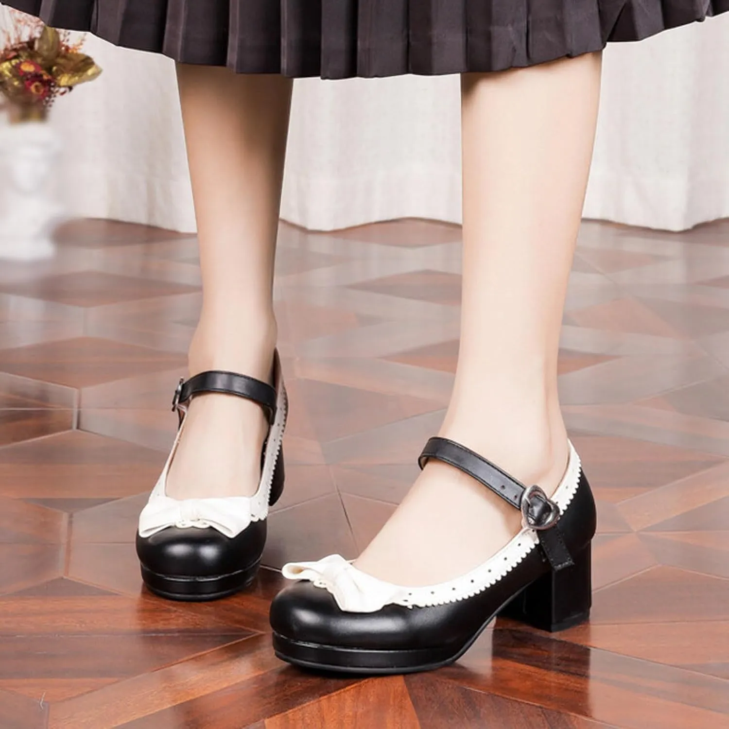 Ladies Retro Single Shoes Chunky Heel Mary Jane Shoes Bowknot College Style Large Size Square Wide Width Womens Sandals