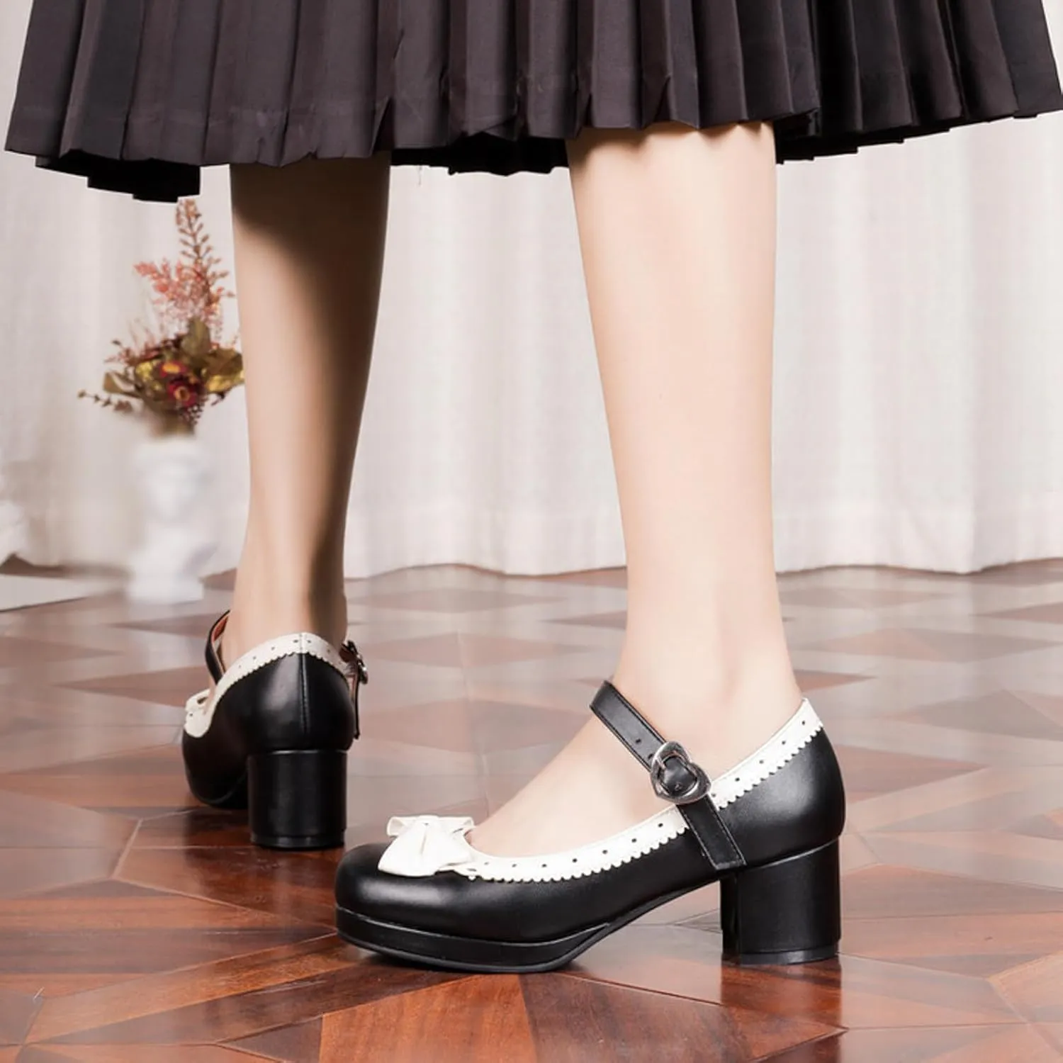 Ladies Retro Single Shoes Chunky Heel Mary Jane Shoes Bowknot College Style Large Size Square Wide Width Womens Sandals