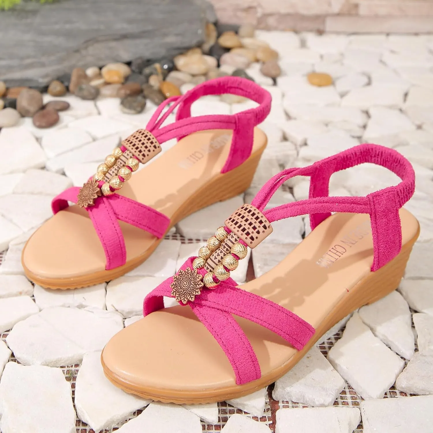 Ladies Summer Retro Bohemian Beaded Milled Velvet Open Toe Beach Outwear Plus Size Wedding Womens Wide Size Sandals