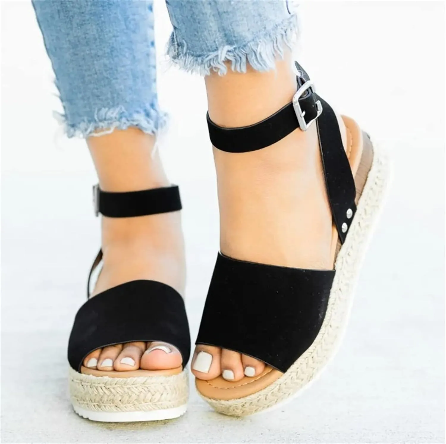 Ladmiple Wedge Sandals for Women Dressy Comfy Slip-On Ankle Buckle Sandals Summer Casual Beach Shoes Open Toe Platform