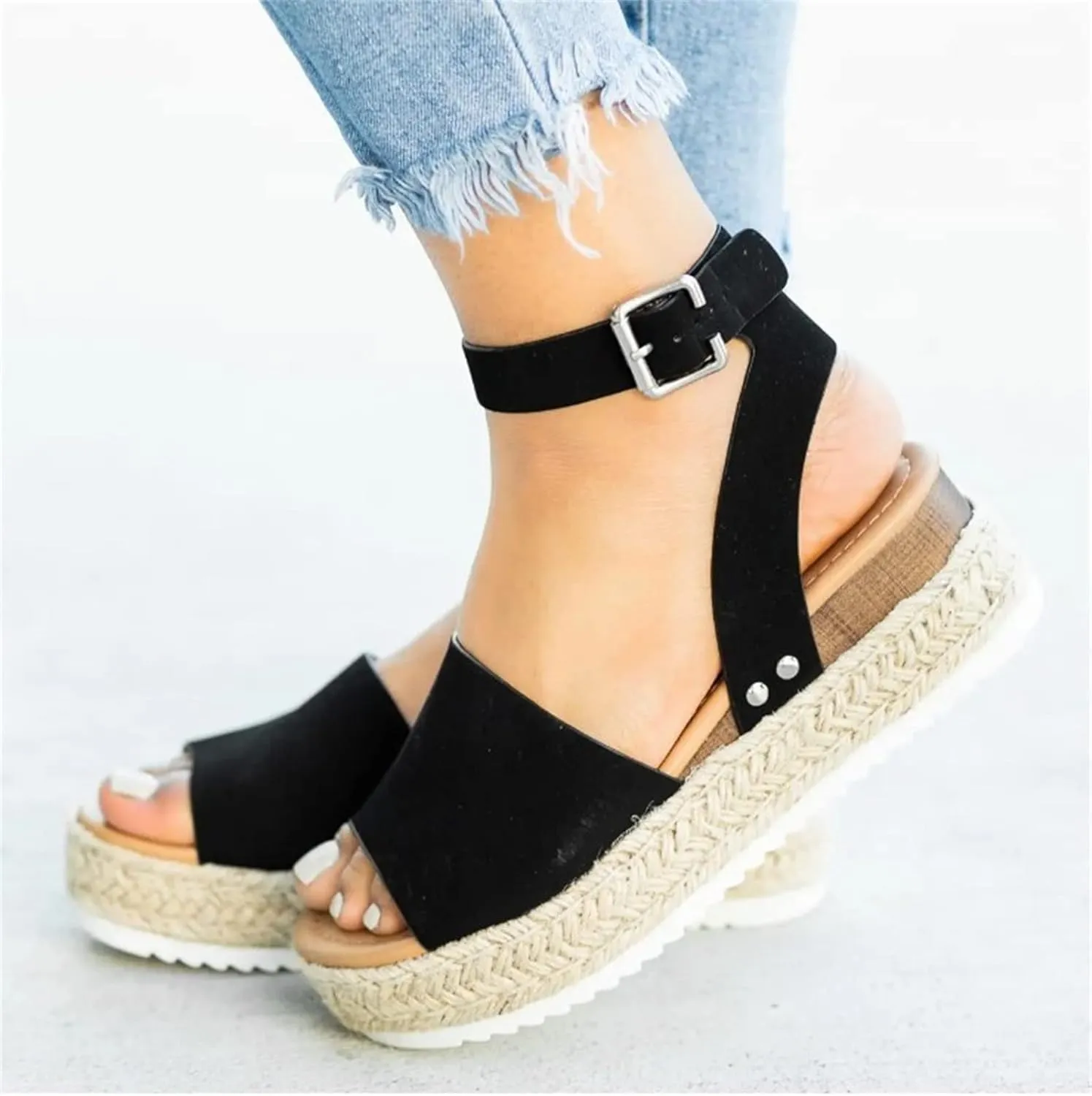 Ladmiple Wedge Sandals for Women Dressy Comfy Slip-On Ankle Buckle Sandals Summer Casual Beach Shoes Open Toe Platform