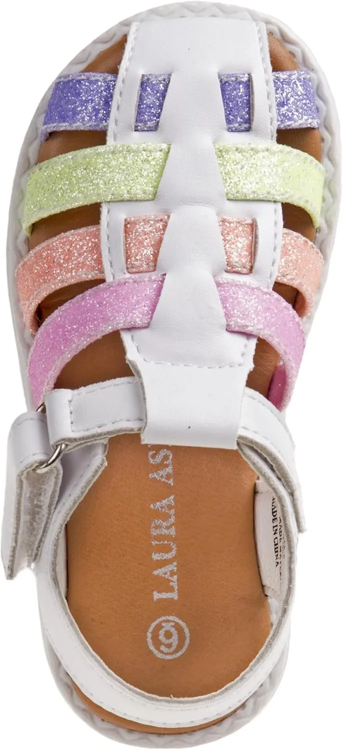 Laura Ashley Princess Girl Rainbow Sandals Summer Glitter Strap Closed Toe Sandals Flats for Girls Size 6-10 Toddler 11-12 Little Kid