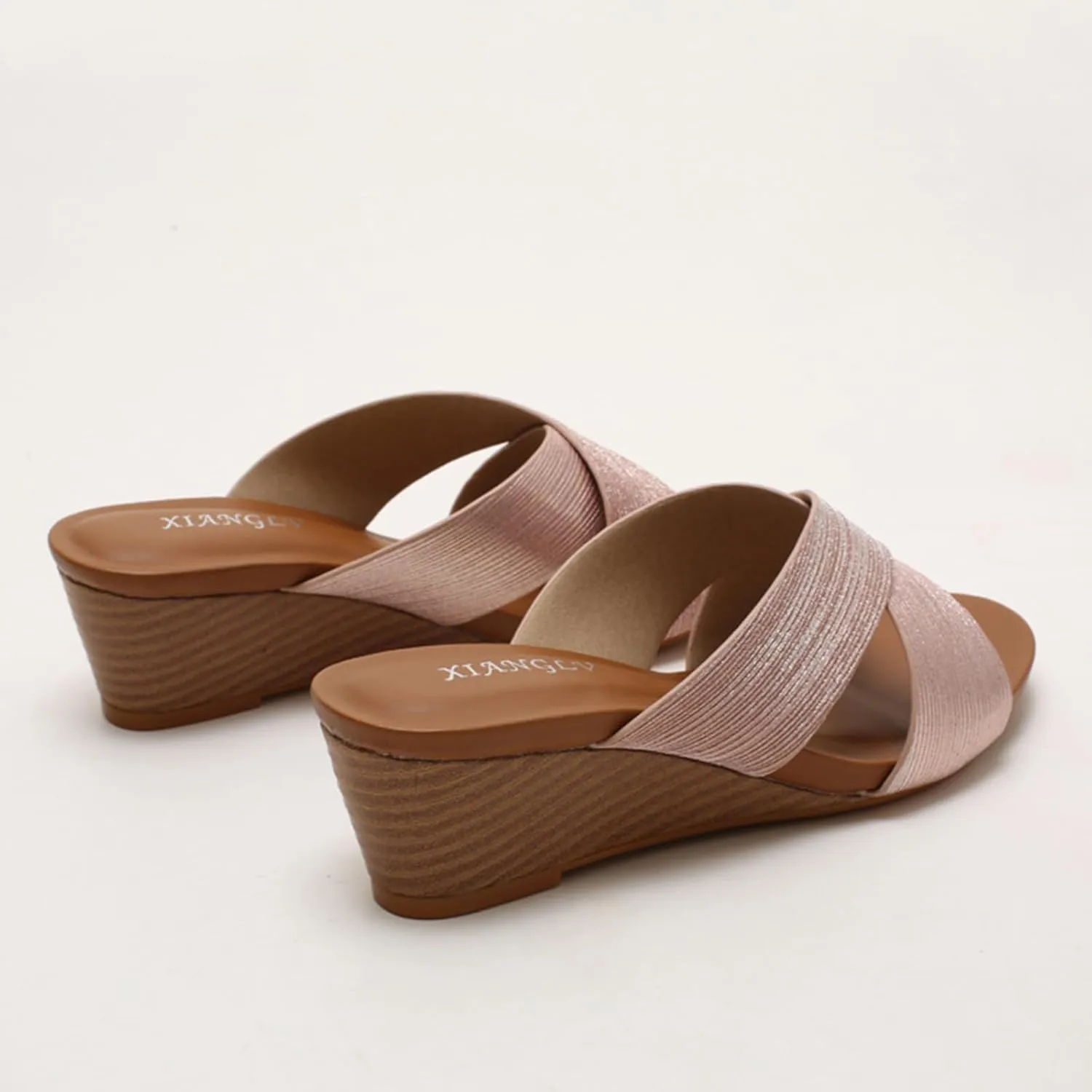Leather Platform Wedge Sandals Shiny Fashion Roman Bohemian Open Toe Slip-On Beach Casual High Heels Dressy Slippers Summer Low Wedges Comfortable Sandal Crisscross Straps Slip on