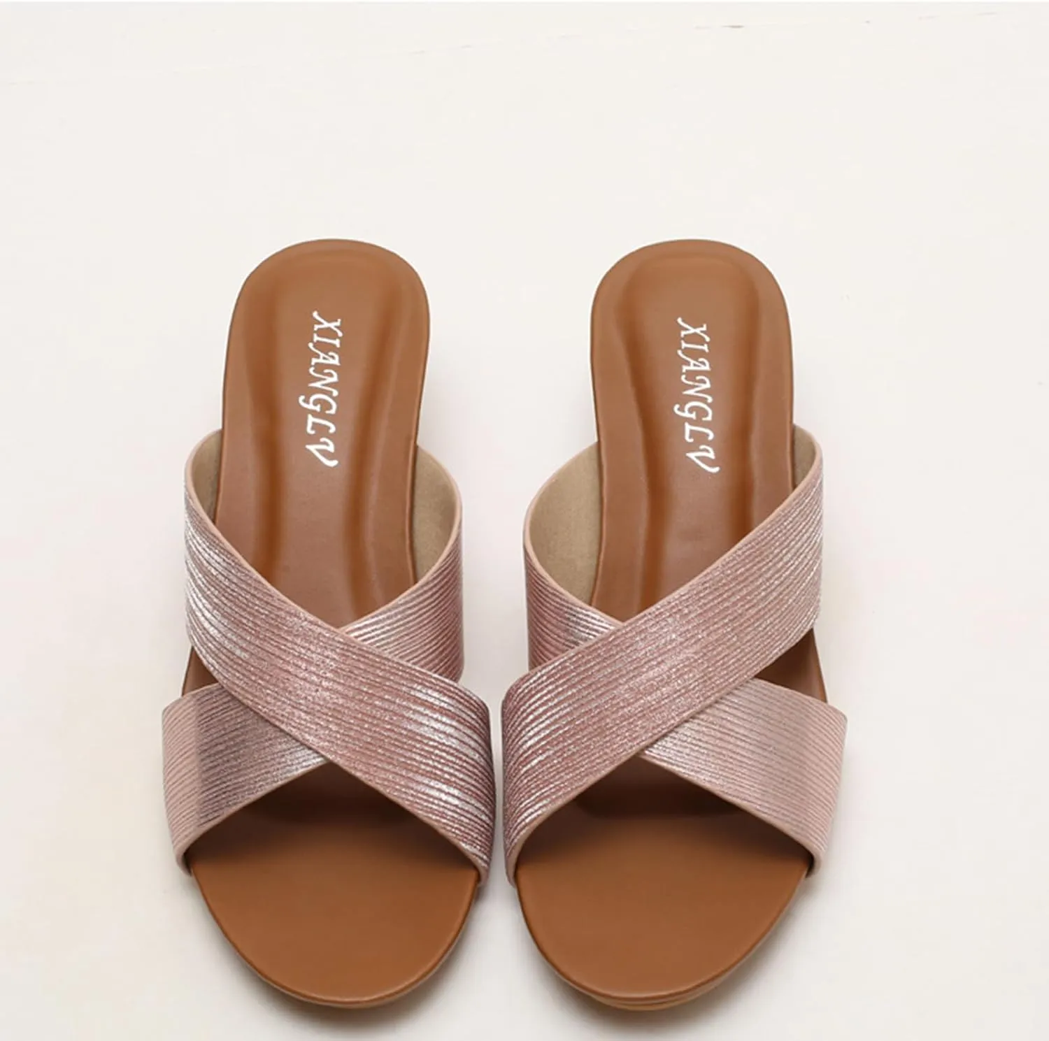 Leather Platform Wedge Sandals Shiny Fashion Roman Bohemian Open Toe Slip-On Beach Casual High Heels Dressy Slippers Summer Low Wedges Comfortable Sandal Crisscross Straps Slip on