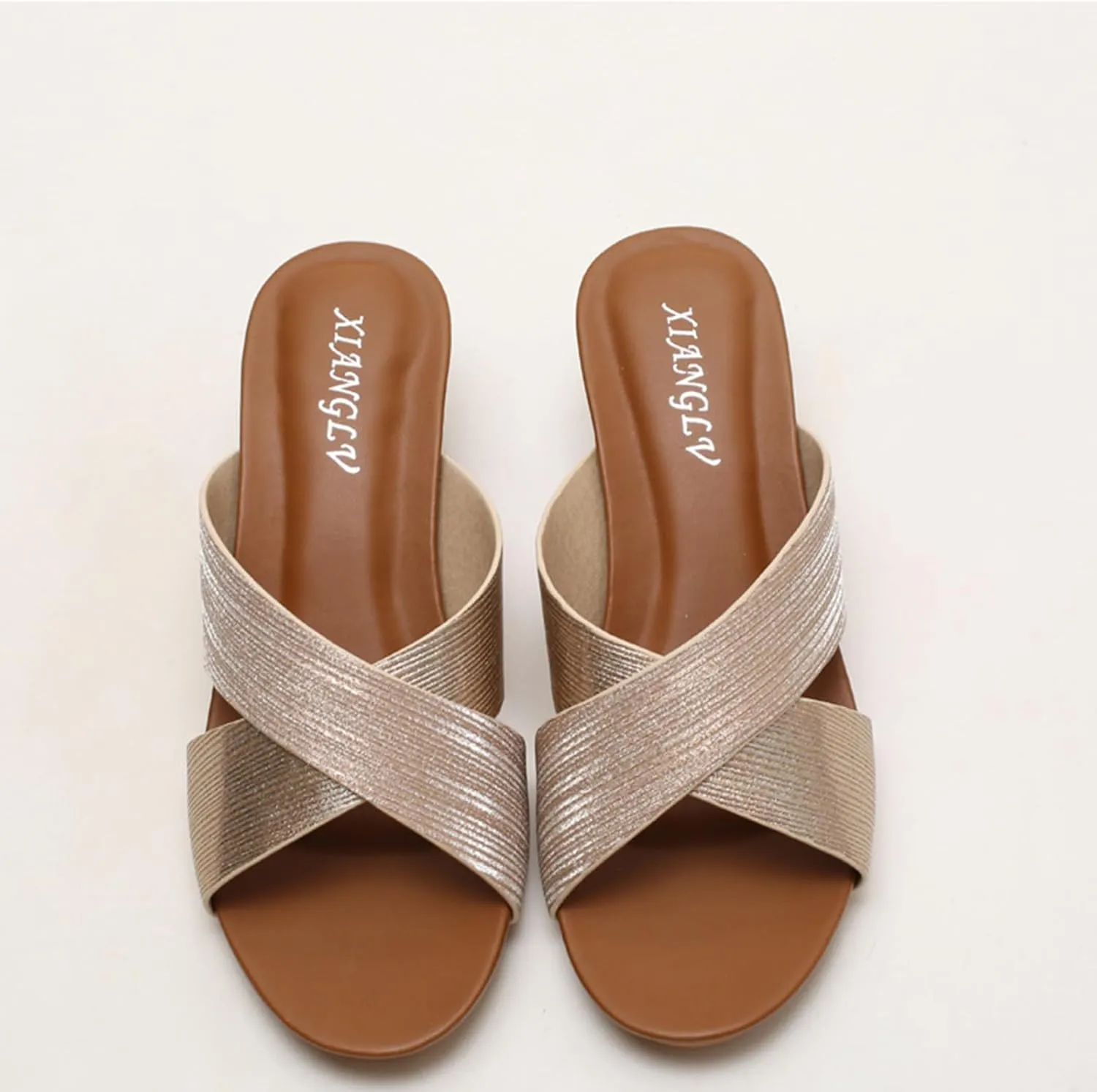 Leather Platform Wedge Sandals Shiny Fashion Roman Bohemian Open Toe Slip-On Beach Casual High Heels Dressy Slippers Summer Low Wedges Comfortable Sandal Crisscross Straps Slip on