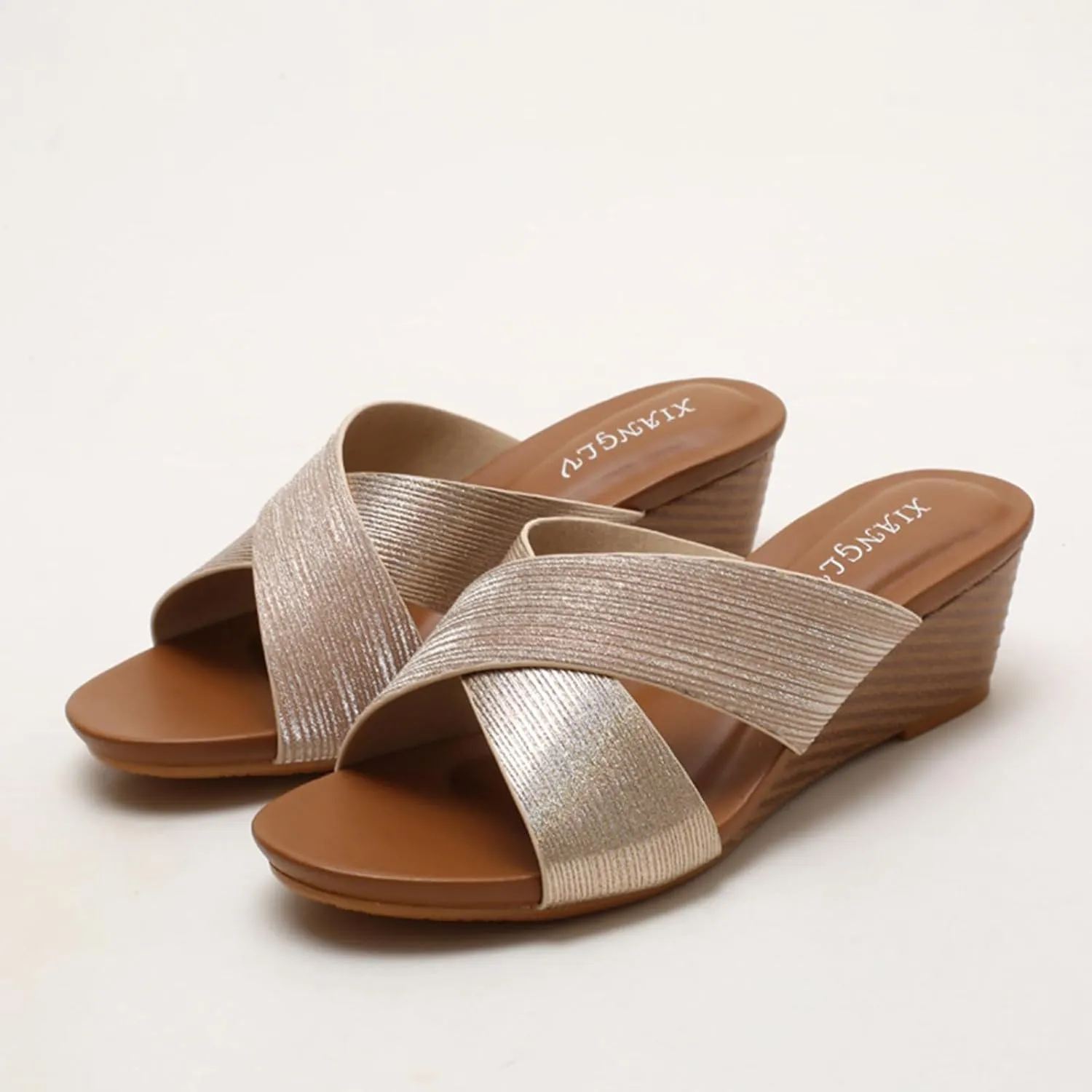 Leather Platform Wedge Sandals Shiny Fashion Roman Bohemian Open Toe Slip-On Beach Casual High Heels Dressy Slippers Summer Low Wedges Comfortable Sandal Crisscross Straps Slip on