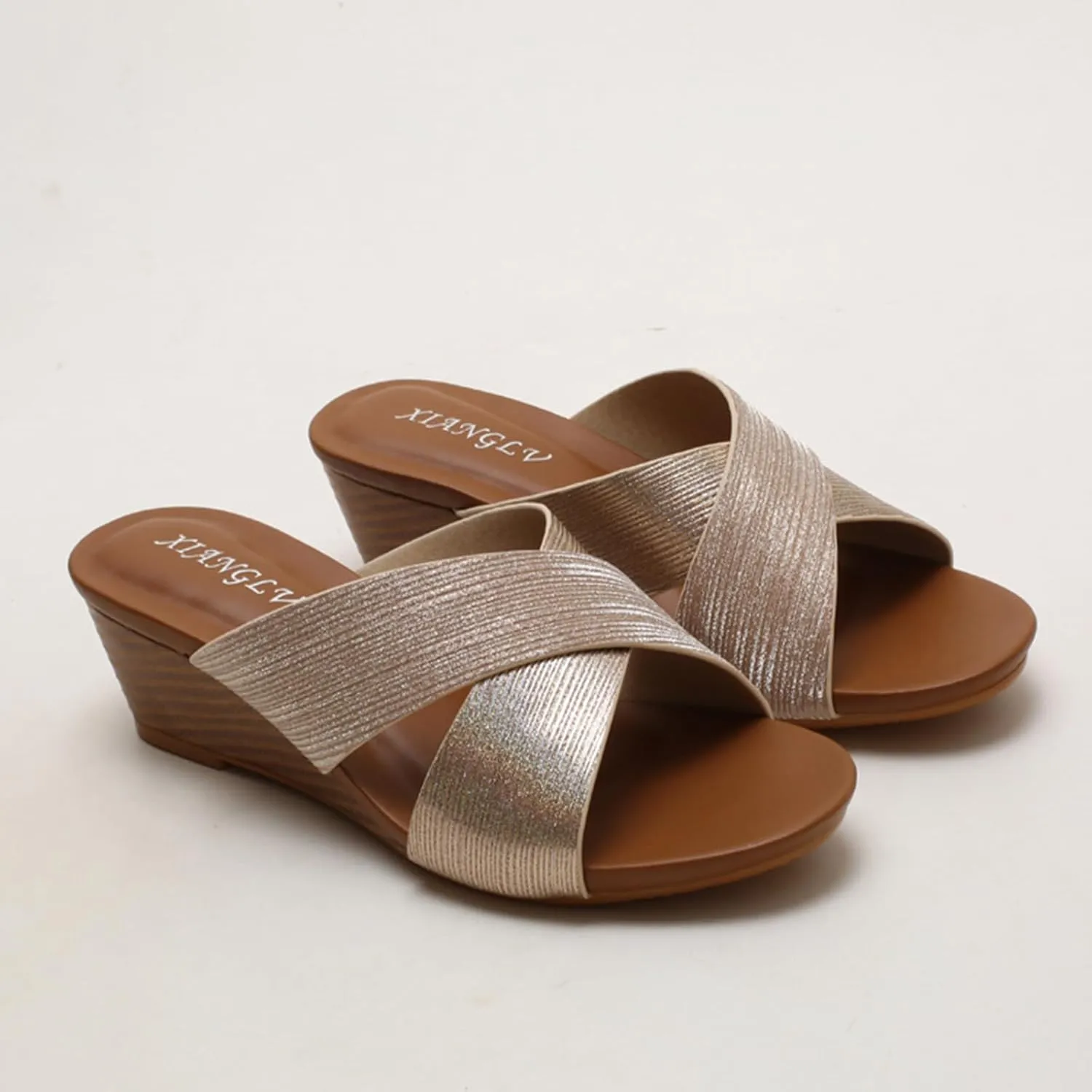 Leather Platform Wedge Sandals Shiny Fashion Roman Bohemian Open Toe Slip-On Beach Casual High Heels Dressy Slippers Summer Low Wedges Comfortable Sandal Crisscross Straps Slip on