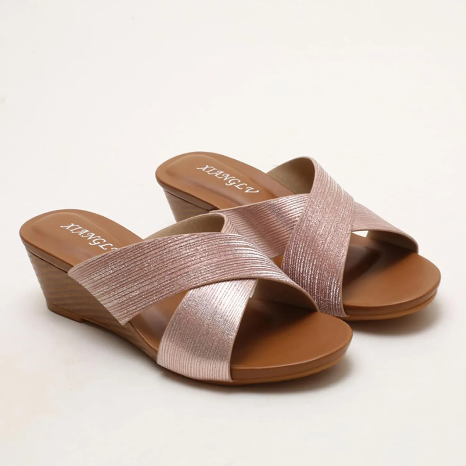 Leather Platform Wedge Sandals Shiny Fashion Roman Bohemian Open Toe Slip-On Beach Casual High Heels Dressy Slippers Summer Low Wedges Comfortable Sandal Crisscross Straps Slip on