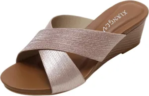 Leather Platform Wedge Sandals Shiny Fashion Roman Bohemian Open Toe Slip-On Beach Casual High Heels Dressy Slippers Summer Low Wedges Comfortable Sandal Crisscross Straps Slip on