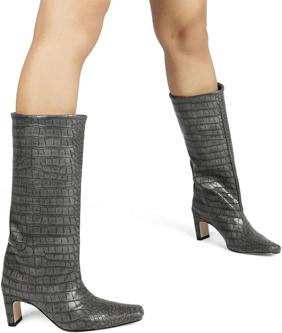 LEHOOR Women Wide Calf Knee High Boots Low Chunky Block Heel Pull On Mid Calf Crocodile Boots Square Toe Fall Fashion Tall Winter Boot Kitten Heel Warm Dressy Casual Party Long Riding Boots 4-12 M US