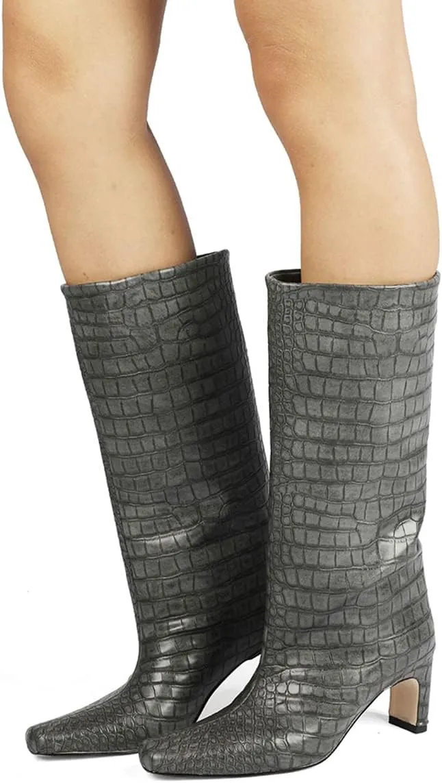 LEHOOR Women Wide Calf Knee High Boots Low Chunky Block Heel Pull On Mid Calf Crocodile Boots Square Toe Fall Fashion Tall Winter Boot Kitten Heel Warm Dressy Casual Party Long Riding Boots 4-12 M US