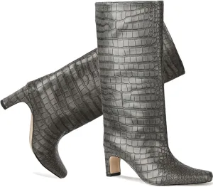 LEHOOR Women Wide Calf Knee High Boots Low Chunky Block Heel Pull On Mid Calf Crocodile Boots Square Toe Fall Fashion Tall Winter Boot Kitten Heel Warm Dressy Casual Party Long Riding Boots 4-12 M US