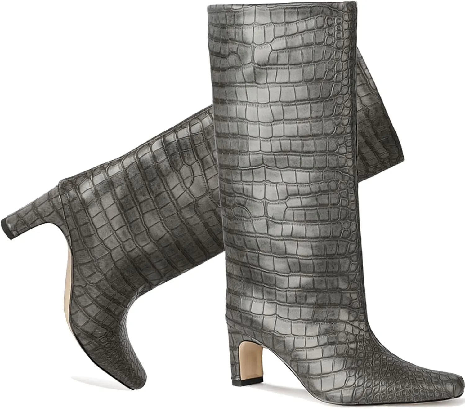 LEHOOR Women Wide Calf Knee High Boots Low Chunky Block Heel Pull On Mid Calf Crocodile Boots Square Toe Fall Fashion Tall Winter Boot Kitten Heel Warm Dressy Casual Party Long Riding Boots 4-12 M US