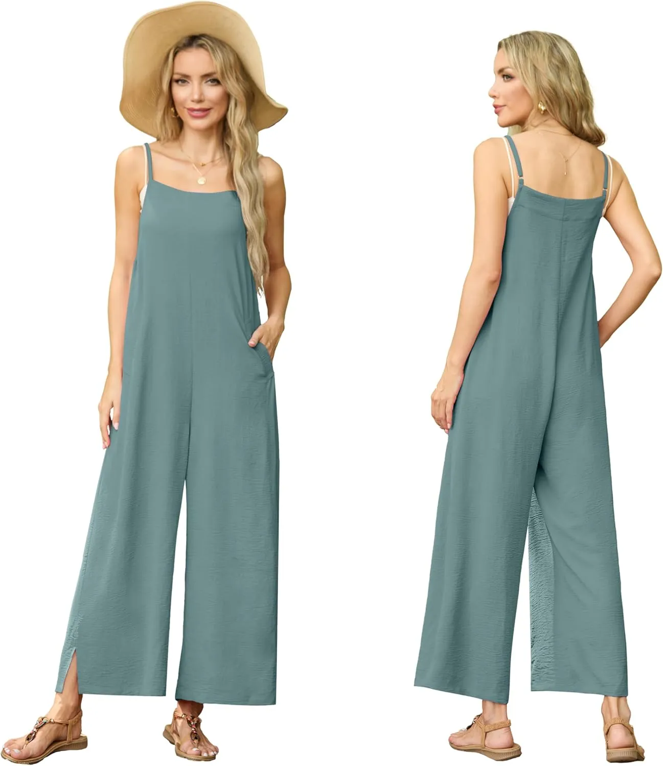 Lepunuo Womens Casual Loose Jumpsuits Summer Boho Wide Leg Rompers Sleeveless Overalls with Pockets