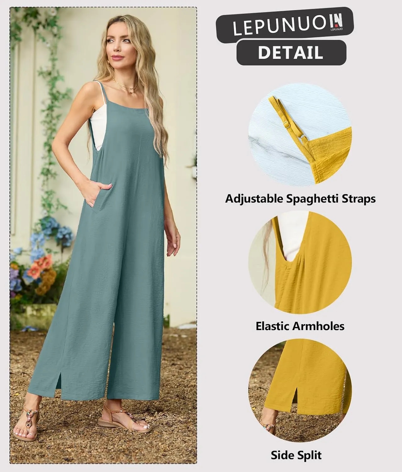 Lepunuo Womens Casual Loose Jumpsuits Summer Boho Wide Leg Rompers Sleeveless Overalls with Pockets