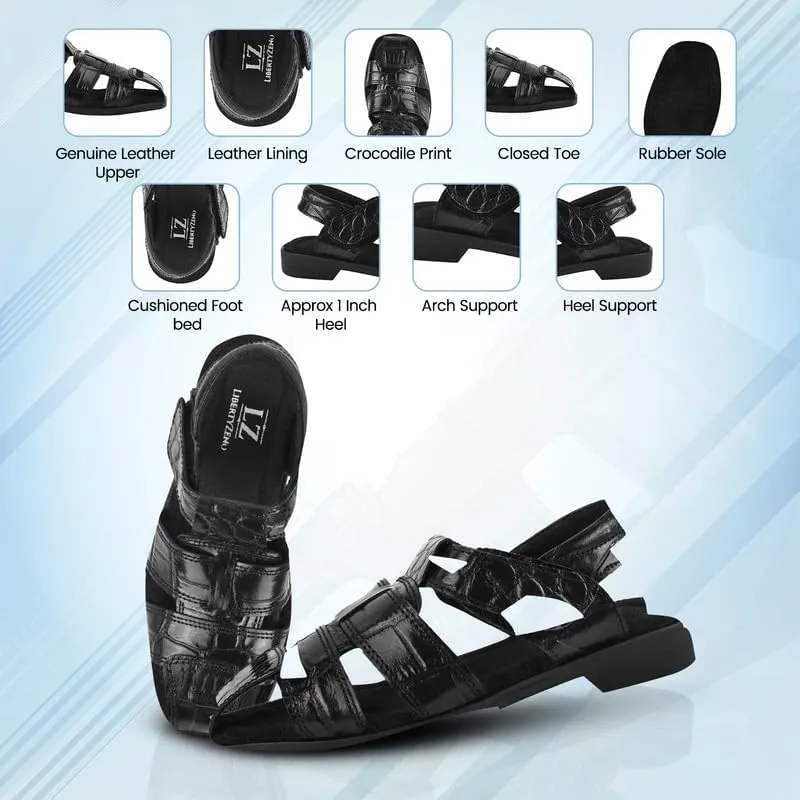 LIBERTYZENO Boys Crocodile Print Genuine Leather Kids Closed Toe Fisherman Sandal Shoes for Prom Graduation