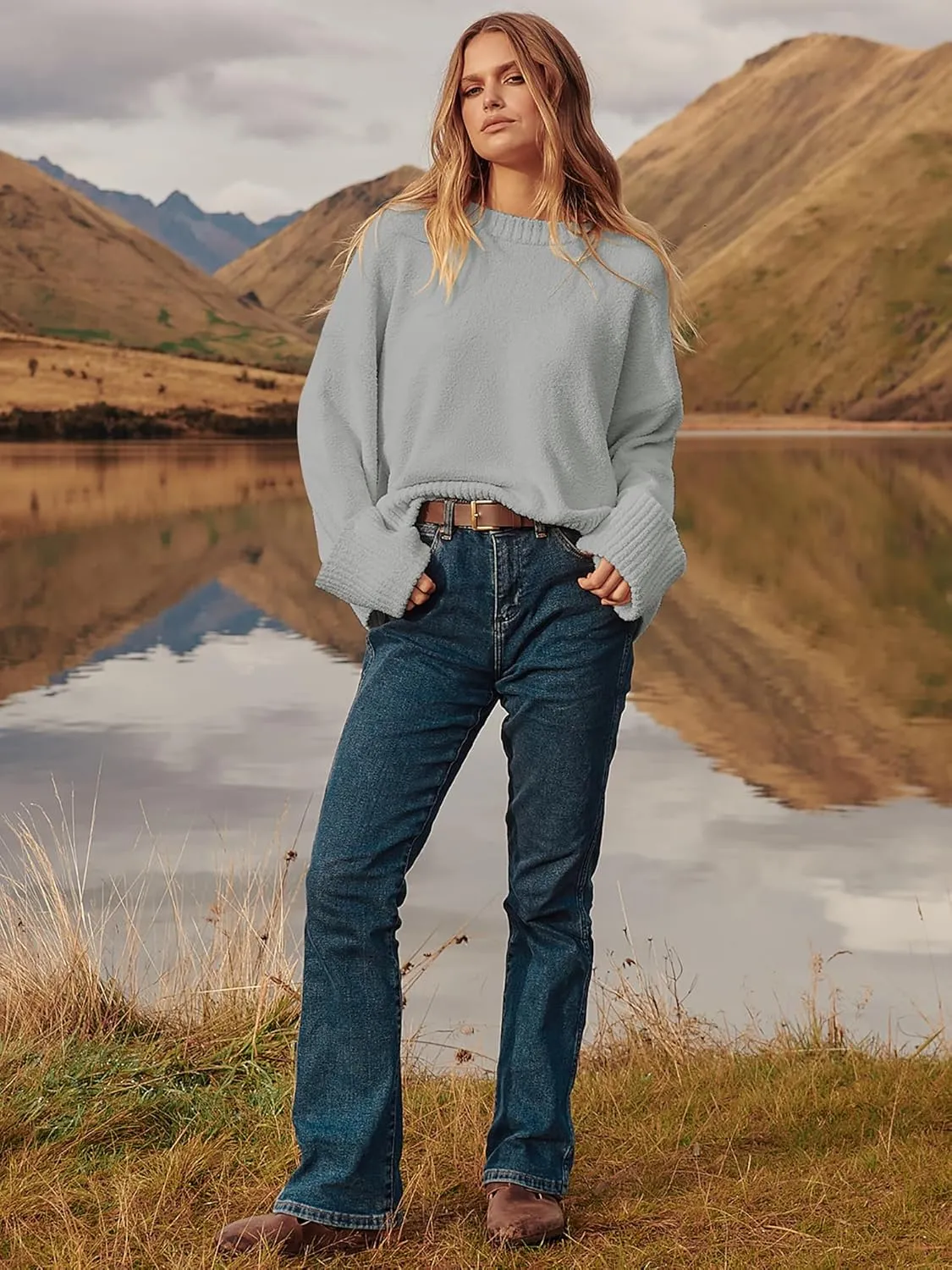 LOGENE Women's Oversized Sweater Crewneck Long Sleeve Soft Fuzzy Knit Pullover Sweaters 2024 Winter Fashion Warm Tops Clothes