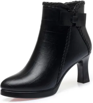 Lossarye Women’s Pointed Toe High Heel Ankle Boots Side Zip Comfortable Fur Lined Autumn Winter Kitten Heel Dress Booties