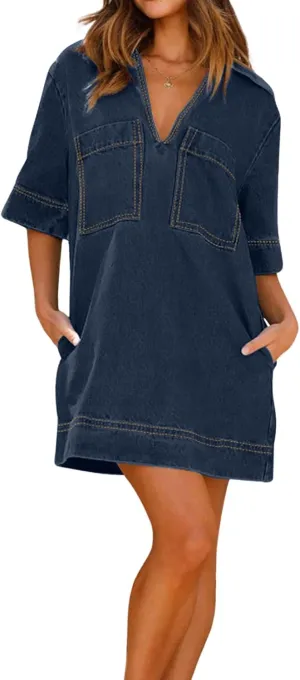 loveimgs Womens Summer Casual Denim Dress Short Sleeve V Neck Distressed Jean Dresses Mini Shirt Dress