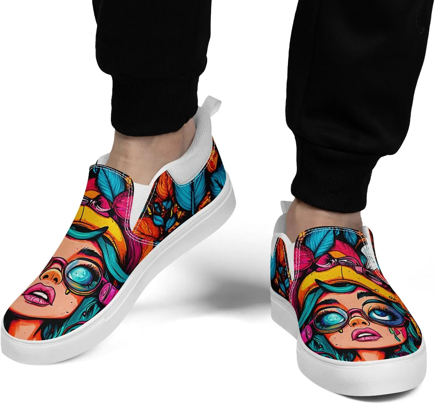 Low-top Slip-On Sneakers for Men, Women's Comfortable Flat Canvas Shoes Casual Loafers with Graffiti Style Design