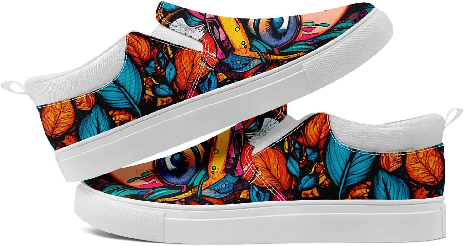 Low-top Slip-On Sneakers for Men, Women's Comfortable Flat Canvas Shoes Casual Loafers with Graffiti Style Design