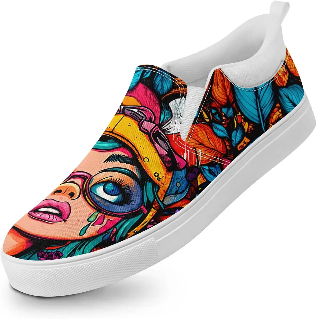 Low-top Slip-On Sneakers for Men, Women's Comfortable Flat Canvas Shoes Casual Loafers with Graffiti Style Design