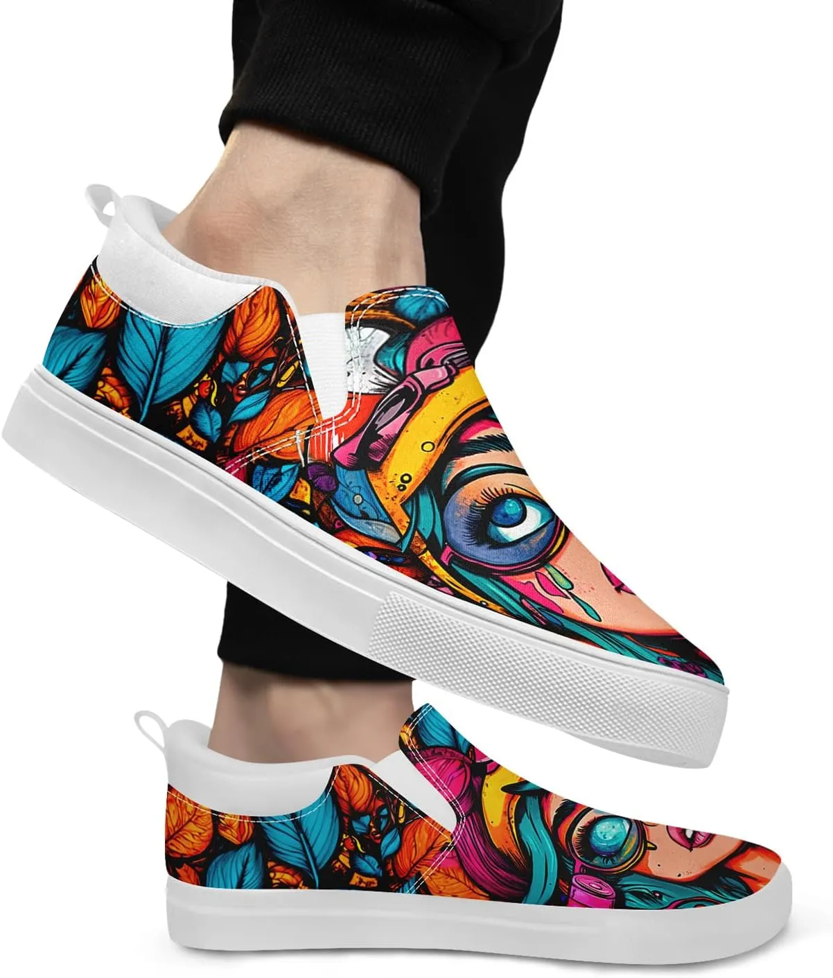 Low-top Slip-On Sneakers for Men, Women's Comfortable Flat Canvas Shoes Casual Loafers with Graffiti Style Design