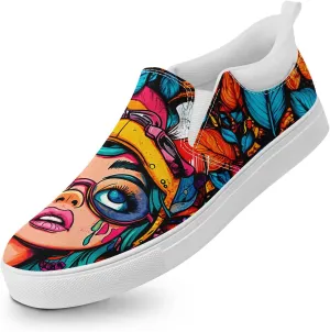 Low-top Slip-On Sneakers for Men, Women's Comfortable Flat Canvas Shoes Casual Loafers with Graffiti Style Design