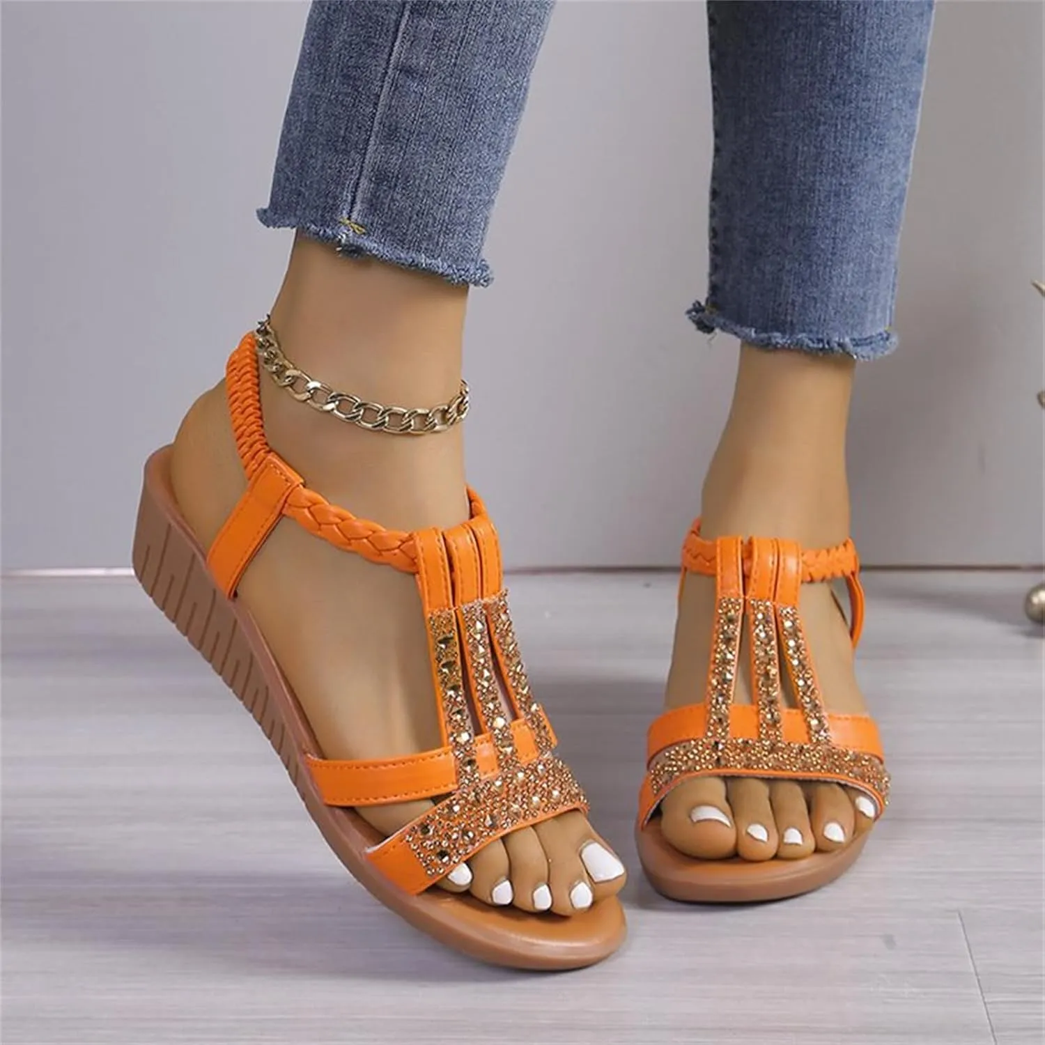 Low Wedge Sandals for Women Bohemia Beach Shoes Elastic Ankle Strap with Arch Support Slip On Open Toe Rhinestone Comfortable Shoe Comfortable Sandal T-Strap Beaded Dressy Flat