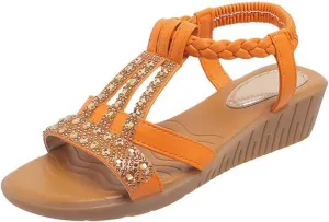 Low Wedge Sandals for Women Bohemia Beach Shoes Elastic Ankle Strap with Arch Support Slip On Open Toe Rhinestone Comfortable Shoe Comfortable Sandal T-Strap Beaded Dressy Flat