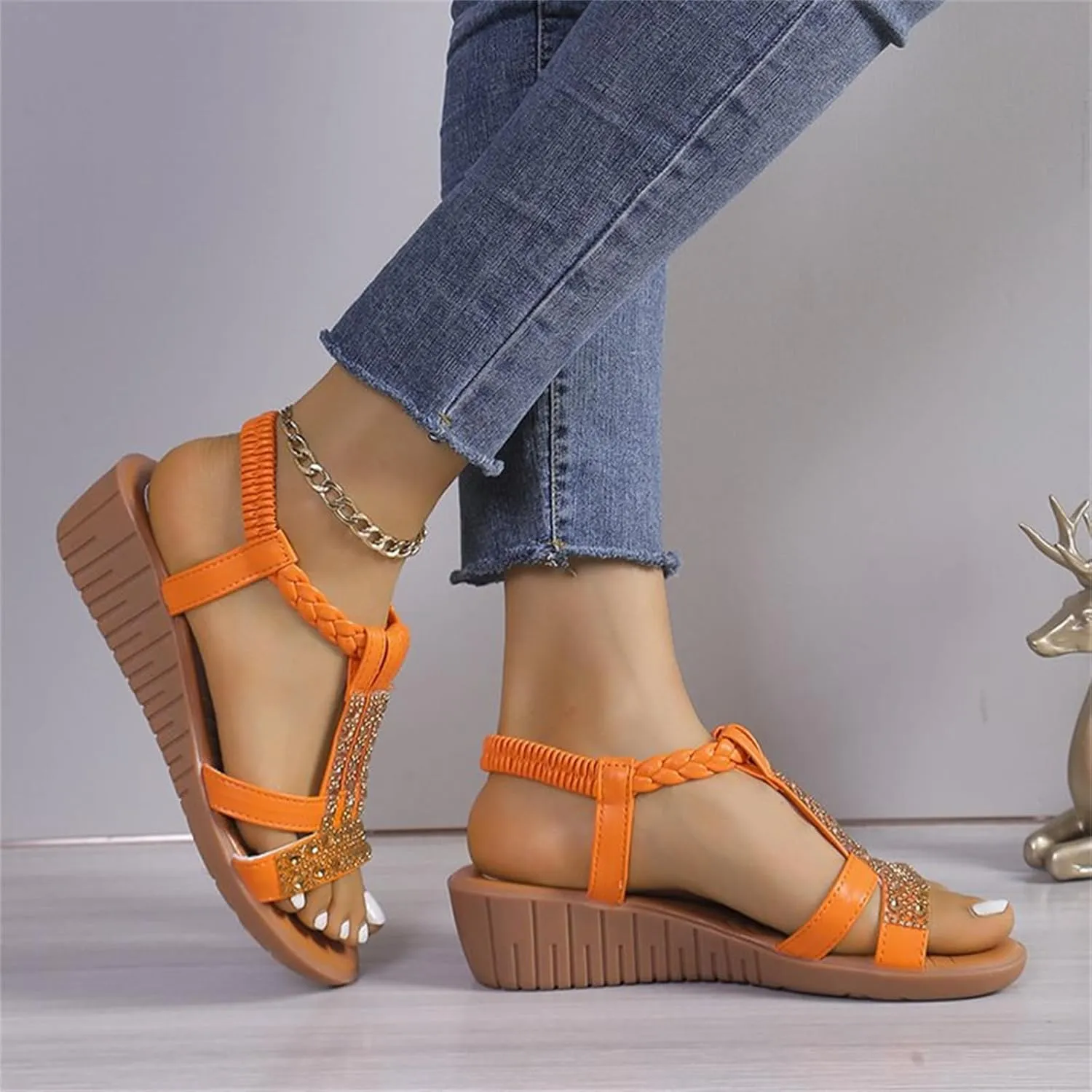 Low Wedge Sandals for Women Bohemia Beach Shoes Elastic Ankle Strap with Arch Support Slip On Open Toe Rhinestone Comfortable Shoe Comfortable Sandal T-Strap Beaded Dressy Flat