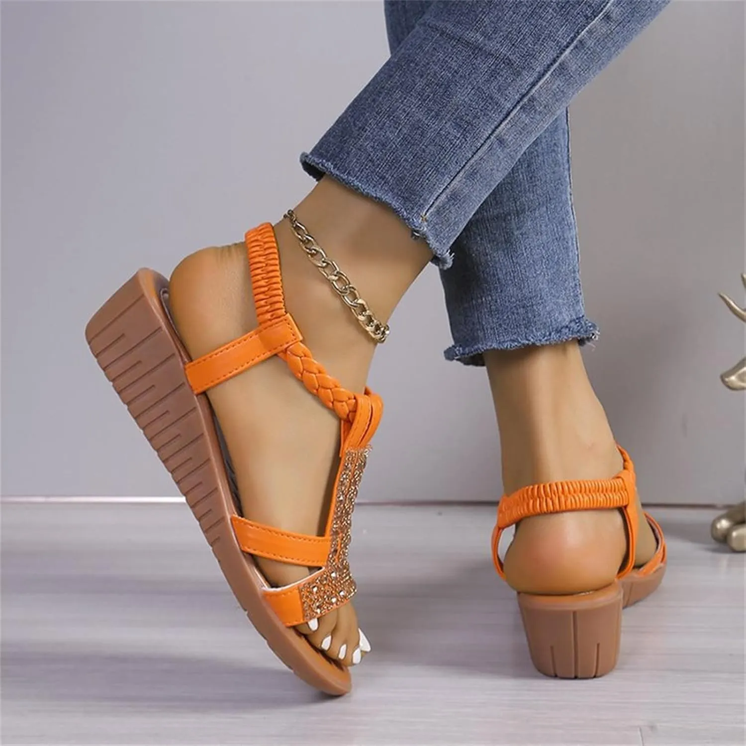 Low Wedge Sandals for Women Bohemia Beach Shoes Elastic Ankle Strap with Arch Support Slip On Open Toe Rhinestone Comfortable Shoe Comfortable Sandal T-Strap Beaded Dressy Flat